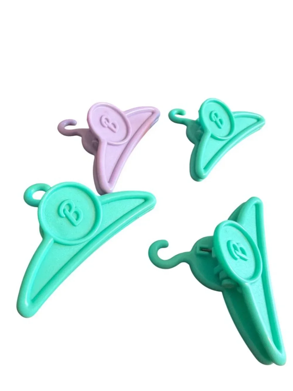 4 Barbie Doll Hangers Clips Purple Green Turquoise B Logo